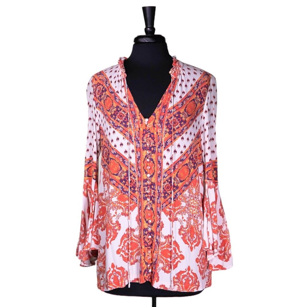 Free People Women's Blouse Orange White Baroque Geometric V-Neck Tunic Top XS